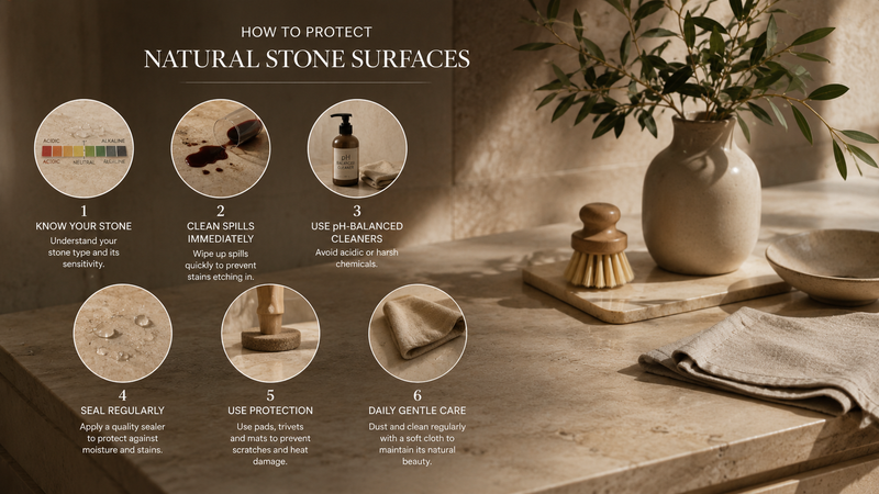 Natural stone countertop care showing proper cleaning and protection techniques for marble, limestone, and stone surfaces.